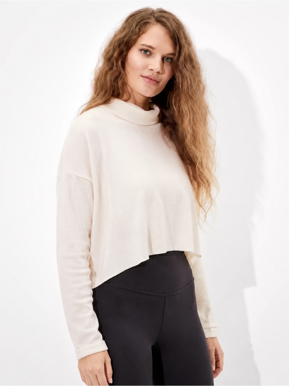 AE| Ivory Cowl Neck Cropped Pullover Sweater